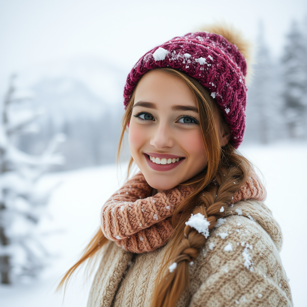 A beautiful girl smiles in the snowy background.