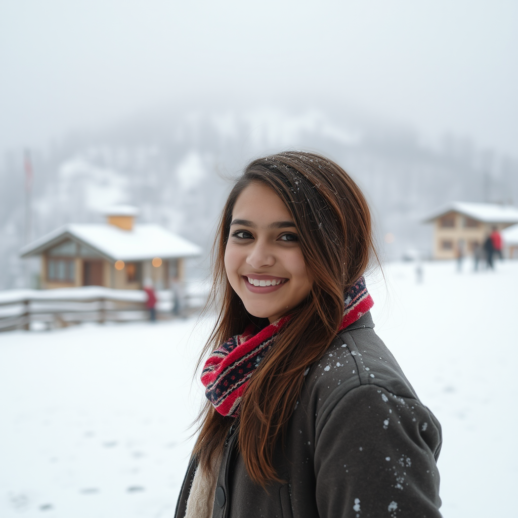 A beautiful girl smiling in the snow.