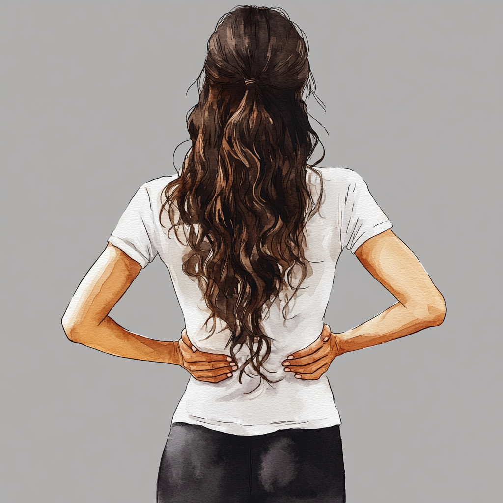 A beautiful girl with dark hair and back pain