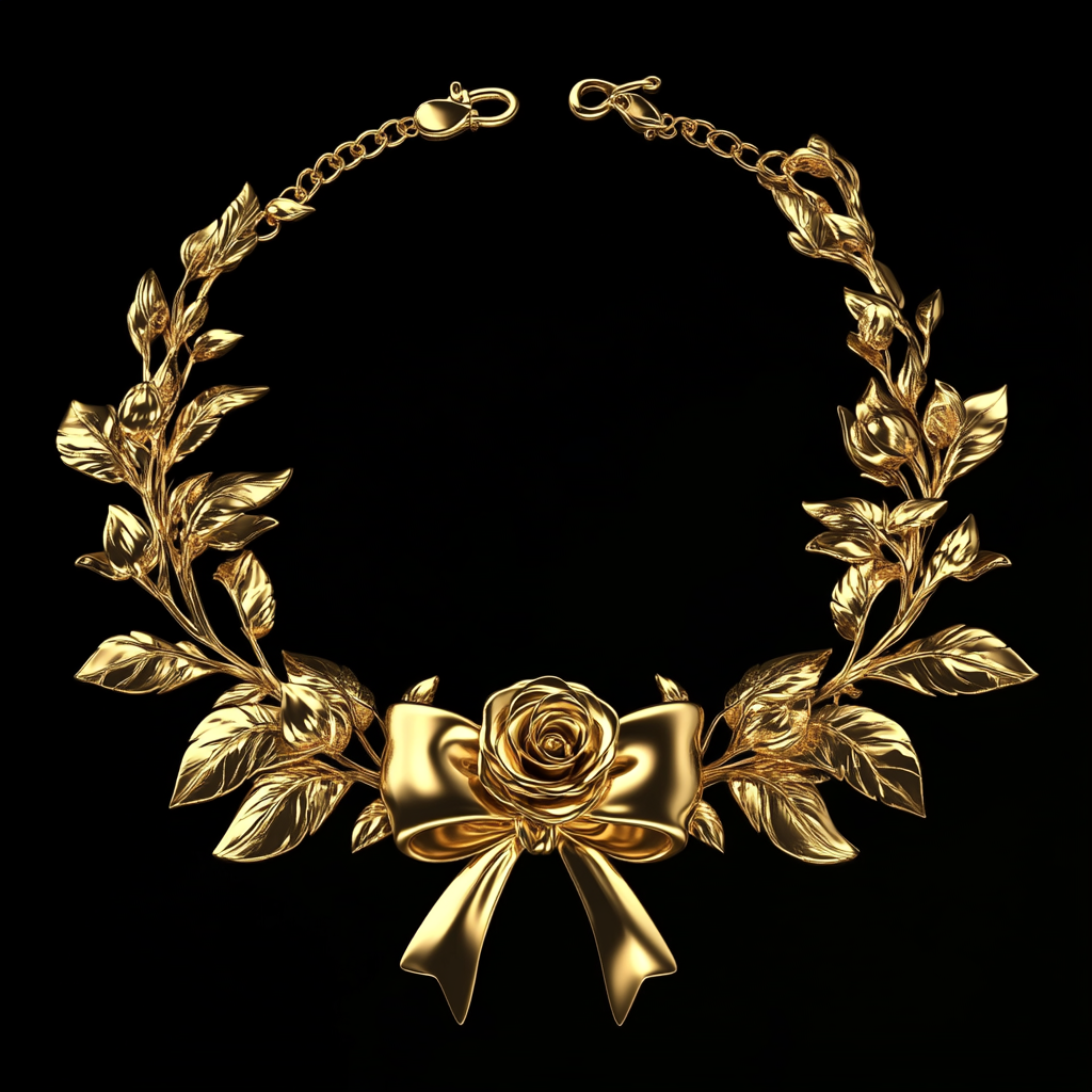 A beautiful gold jewelry necklace with flowers and bow.