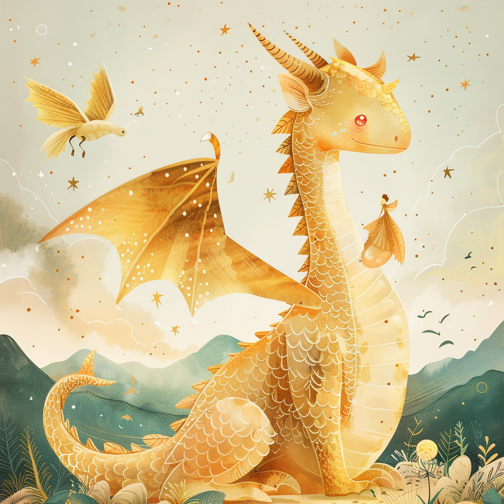 A beautiful golden dragon with glowing wings and ruby eyes.