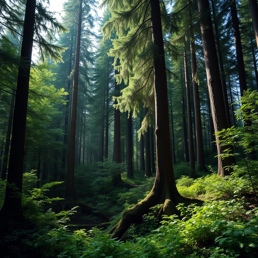 A beautiful green forest with tall trees.