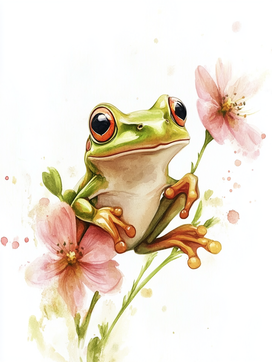 A beautiful green frog in a dreamy watercolor