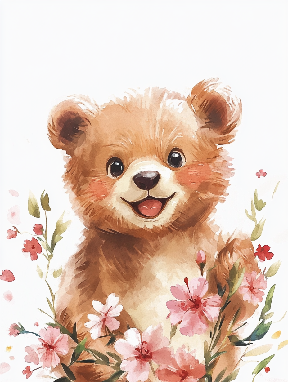 A beautiful happy brown bear in watercolor