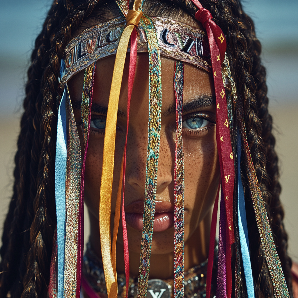 A beautiful horse with braids and Louis Vuitton logo by the sea spotlighted