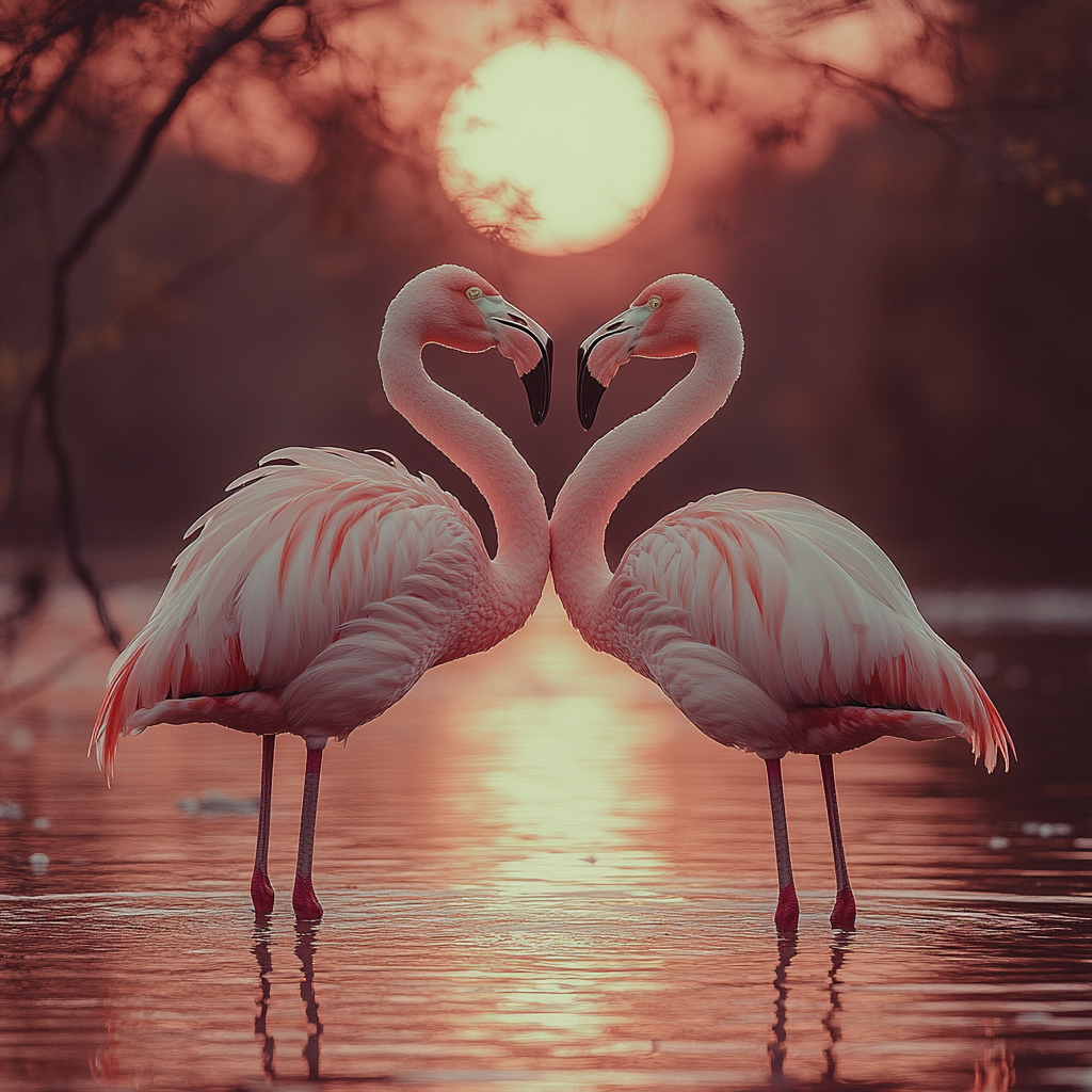 A beautiful image of flamingos under full moon.