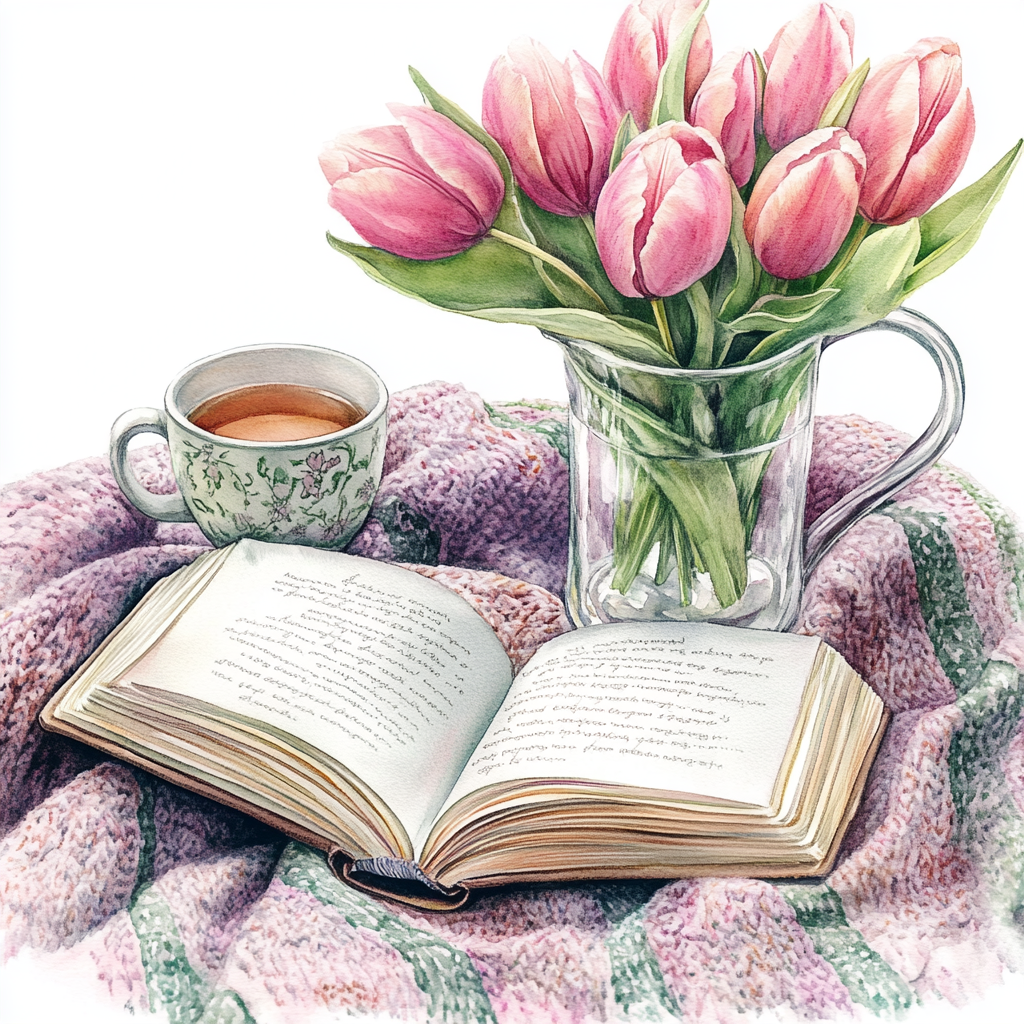 A beautiful journal book with tea and tulips.