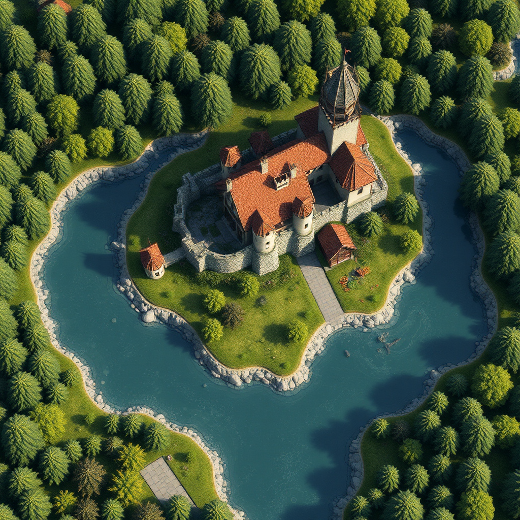 A beautiful map with water, trees, and castles.