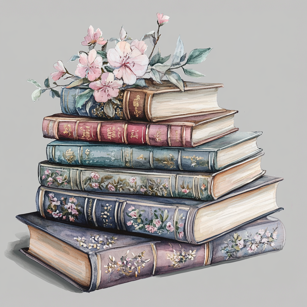 A beautiful pile of books in watercolor illustration.