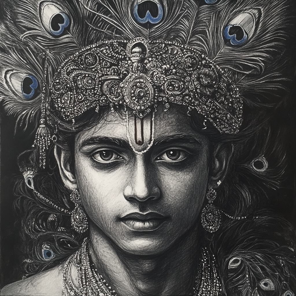 A beautiful portrait of Lord Krishna in charcoal