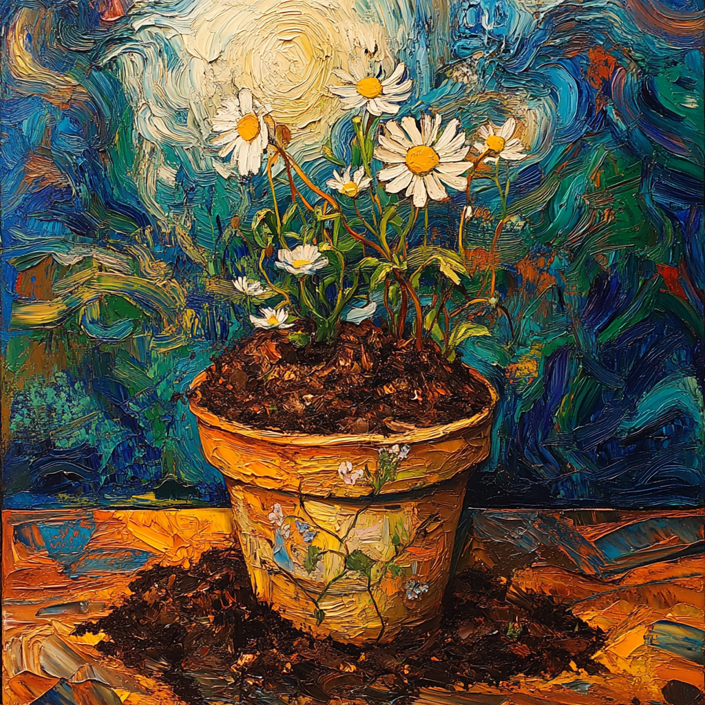 A beautiful pot of flowers in Van Gogh style