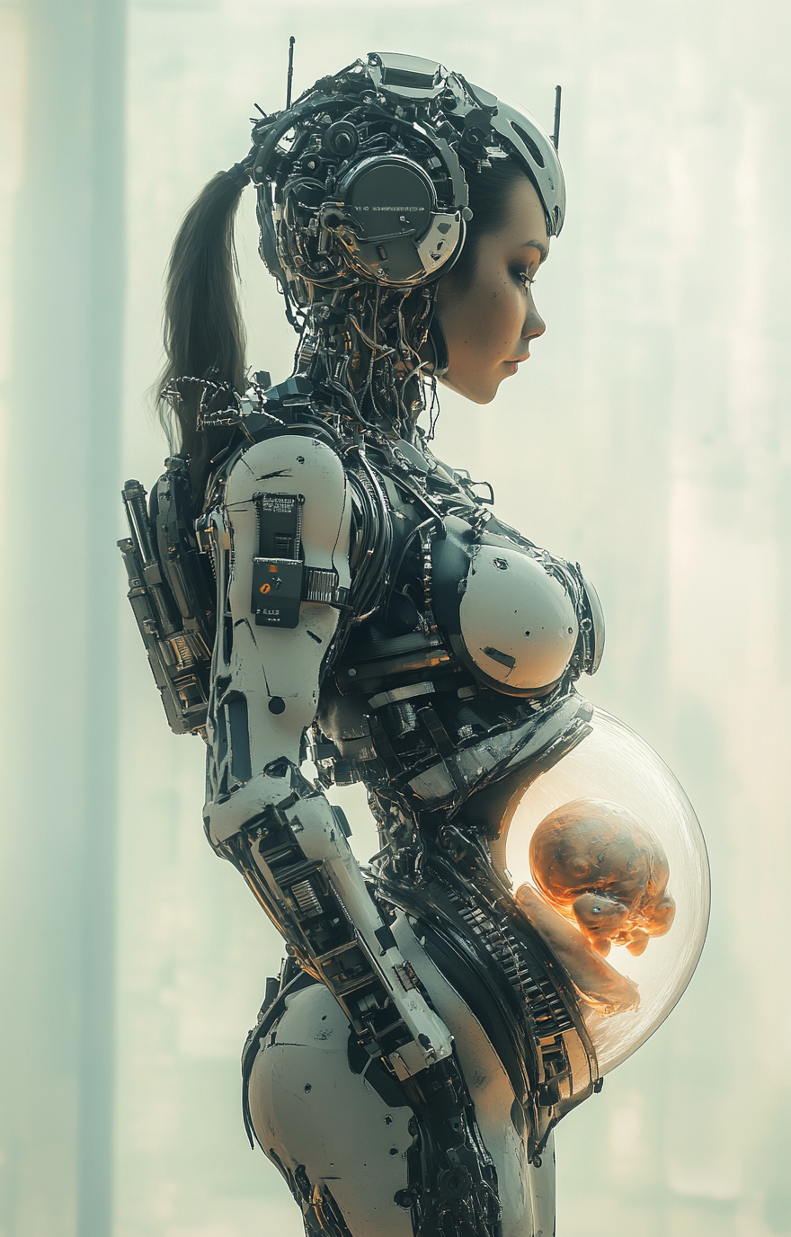 A beautiful pregnant robot woman with intricate details