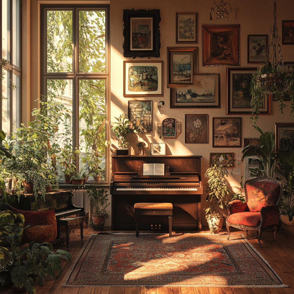 A beautiful room with piano and decorations