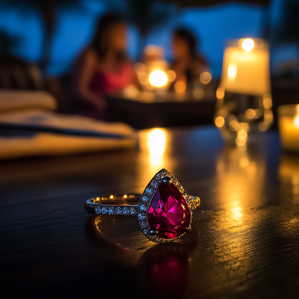 A beautiful ruby engagement ring in romantic setting