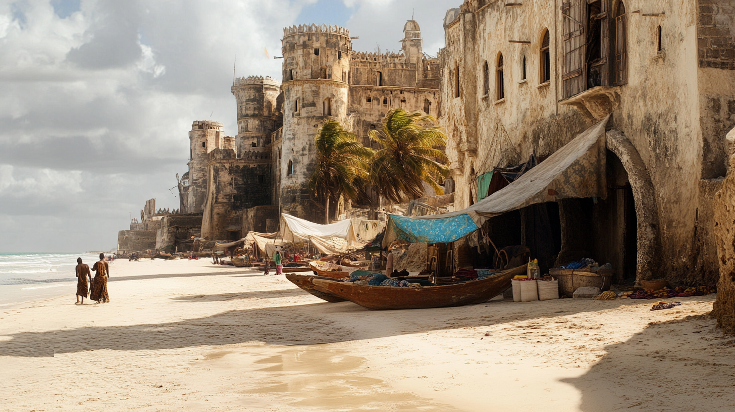 A beautiful seaside scene in Somalia with bustling markets