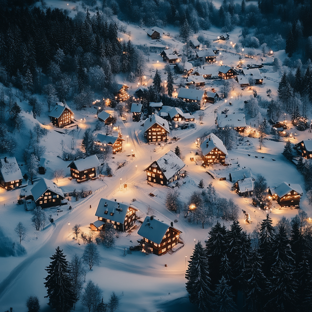 A beautiful snowy Christmas village at dusk