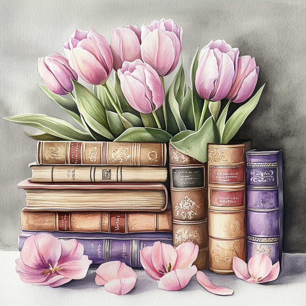 A beautiful stack of books with tulip petals