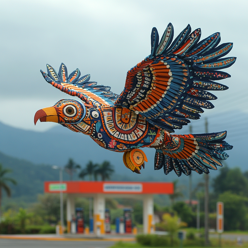 A beautiful sumpango barrilete flying over a gas station