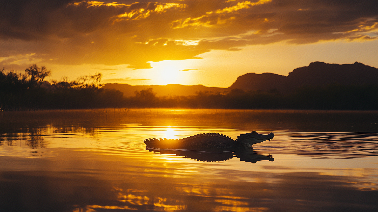 A beautiful sunrise in Kakadu presents small crocodile