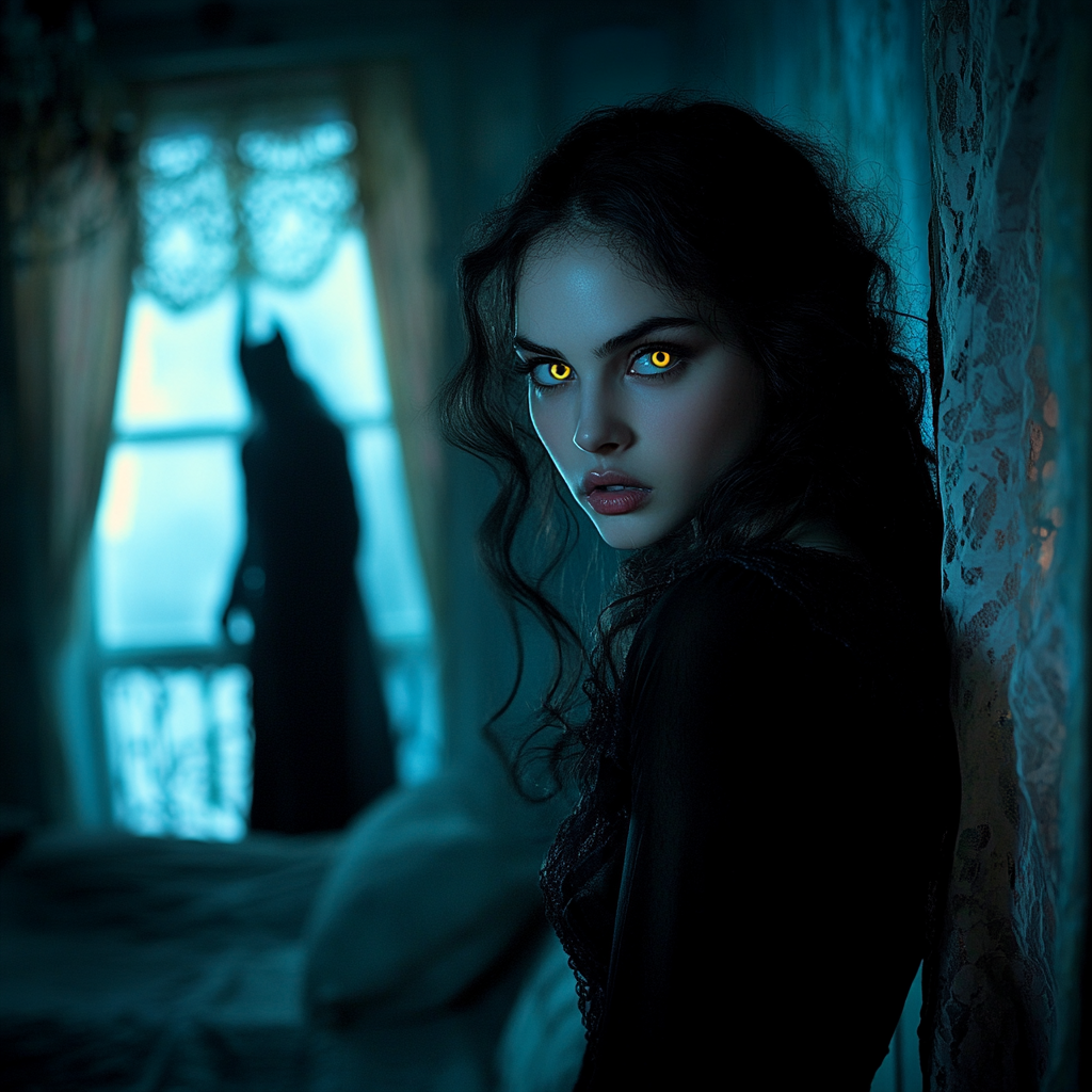 A beautiful vampire in a Victorian bedroom.