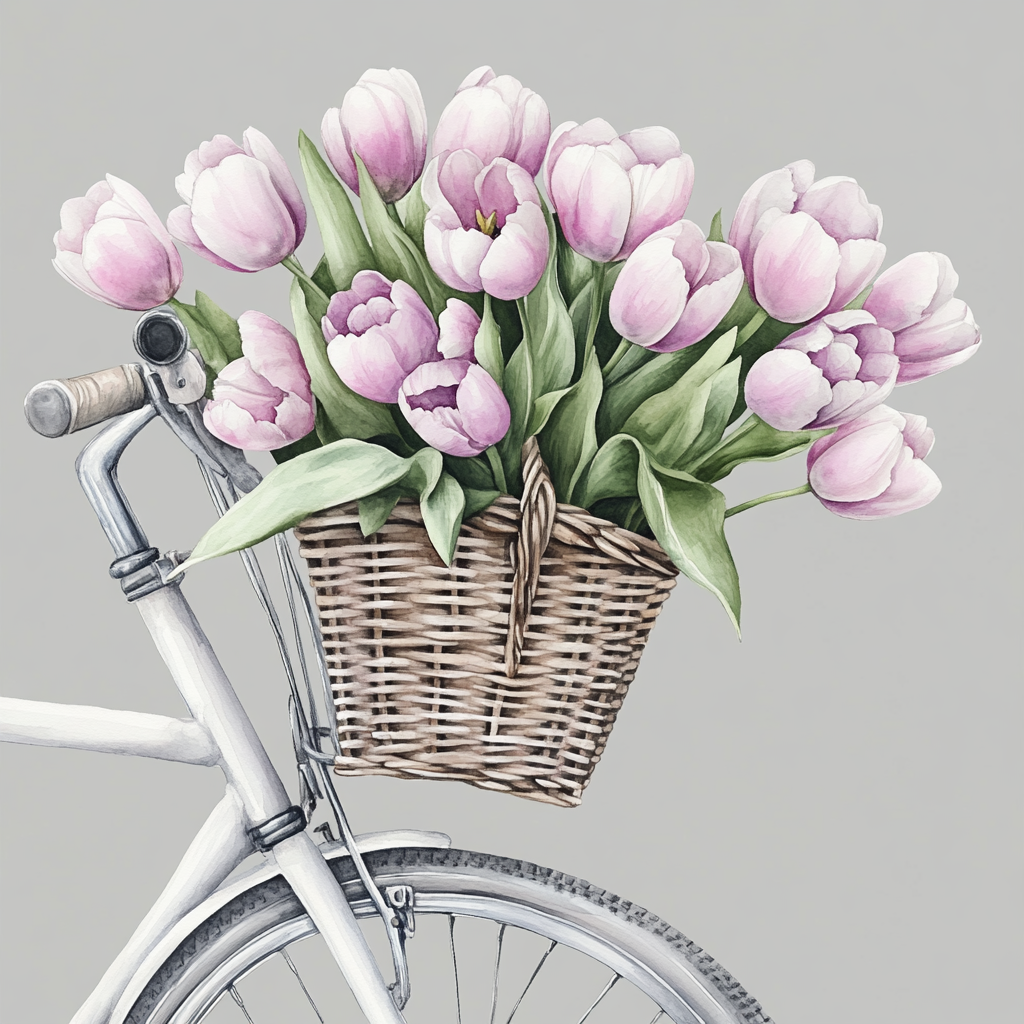 A beautiful vintage bicycle with pink tulips illustration