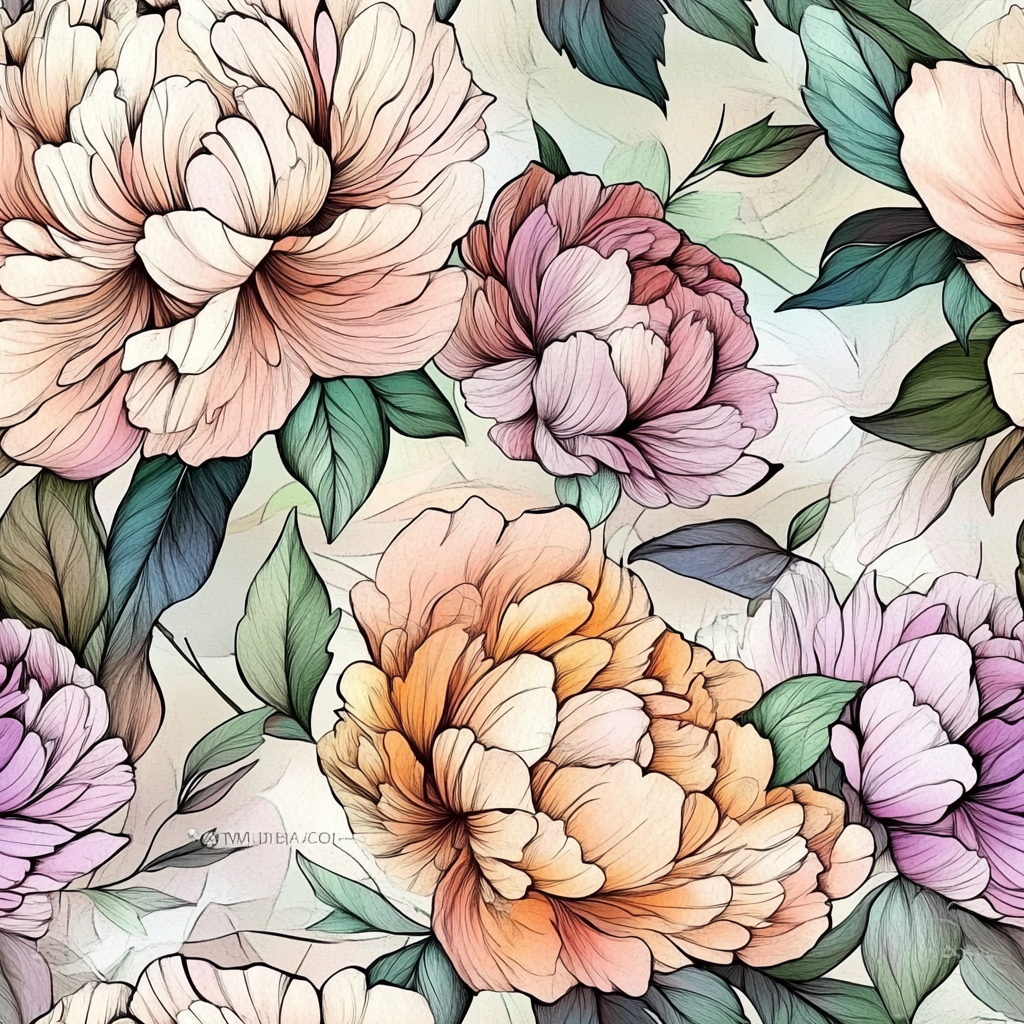 A beautiful watercolor peony and leaf pattern