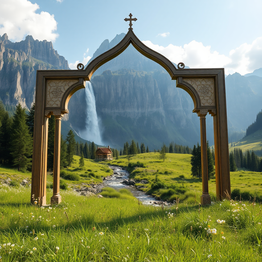 A beautiful waterfall over Islamic photo frame.