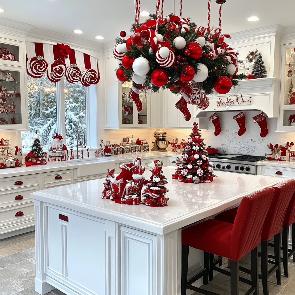 A beautiful white kitchen decorated for Christmas.