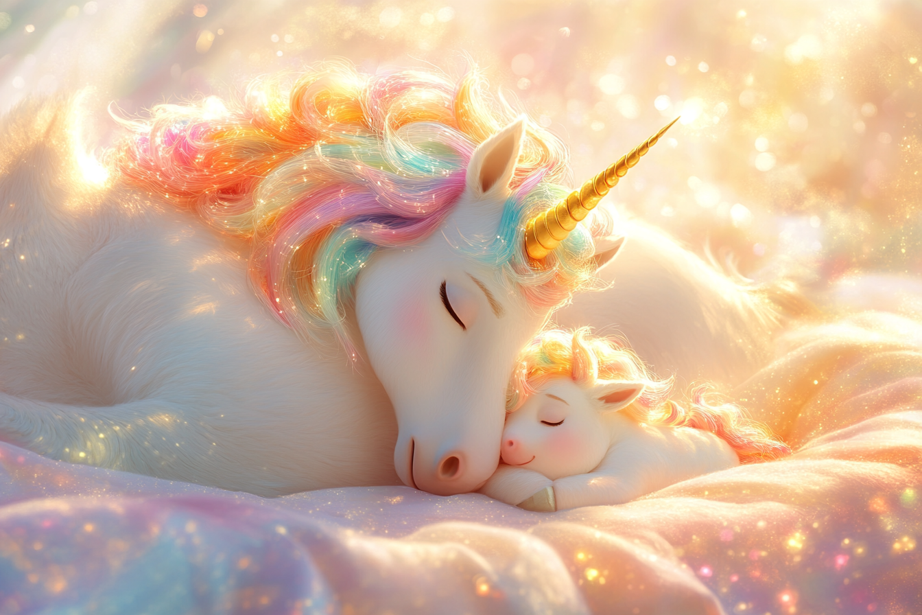 A beautiful white unicorn and baby sleeping