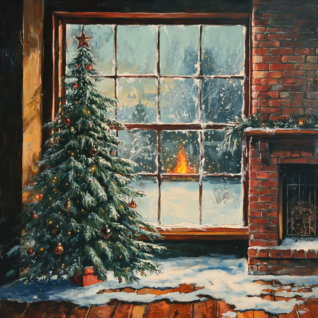 A beautiful winter scene with a cozy fireplace