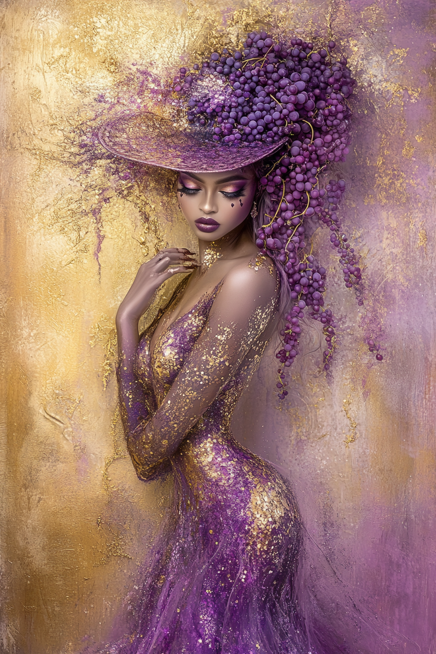 A beautiful woman in grape dress and hat