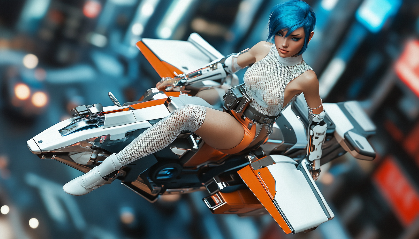 A beautiful woman with blue hair rides futuristic bike