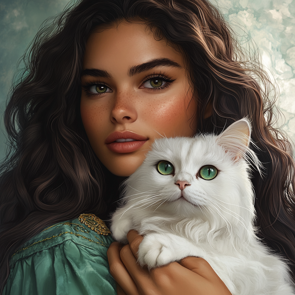 A beautiful woman with her white cat