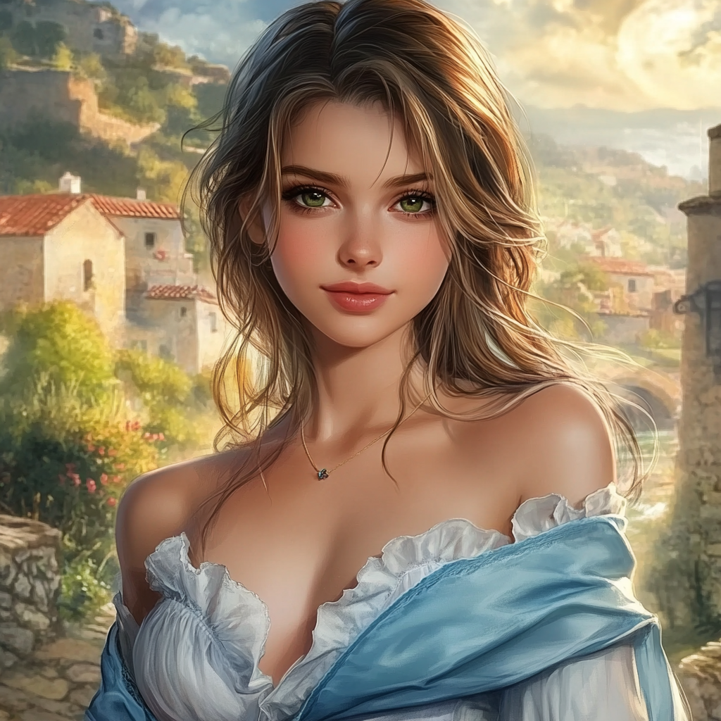 A beautiful young lady in quaint European village