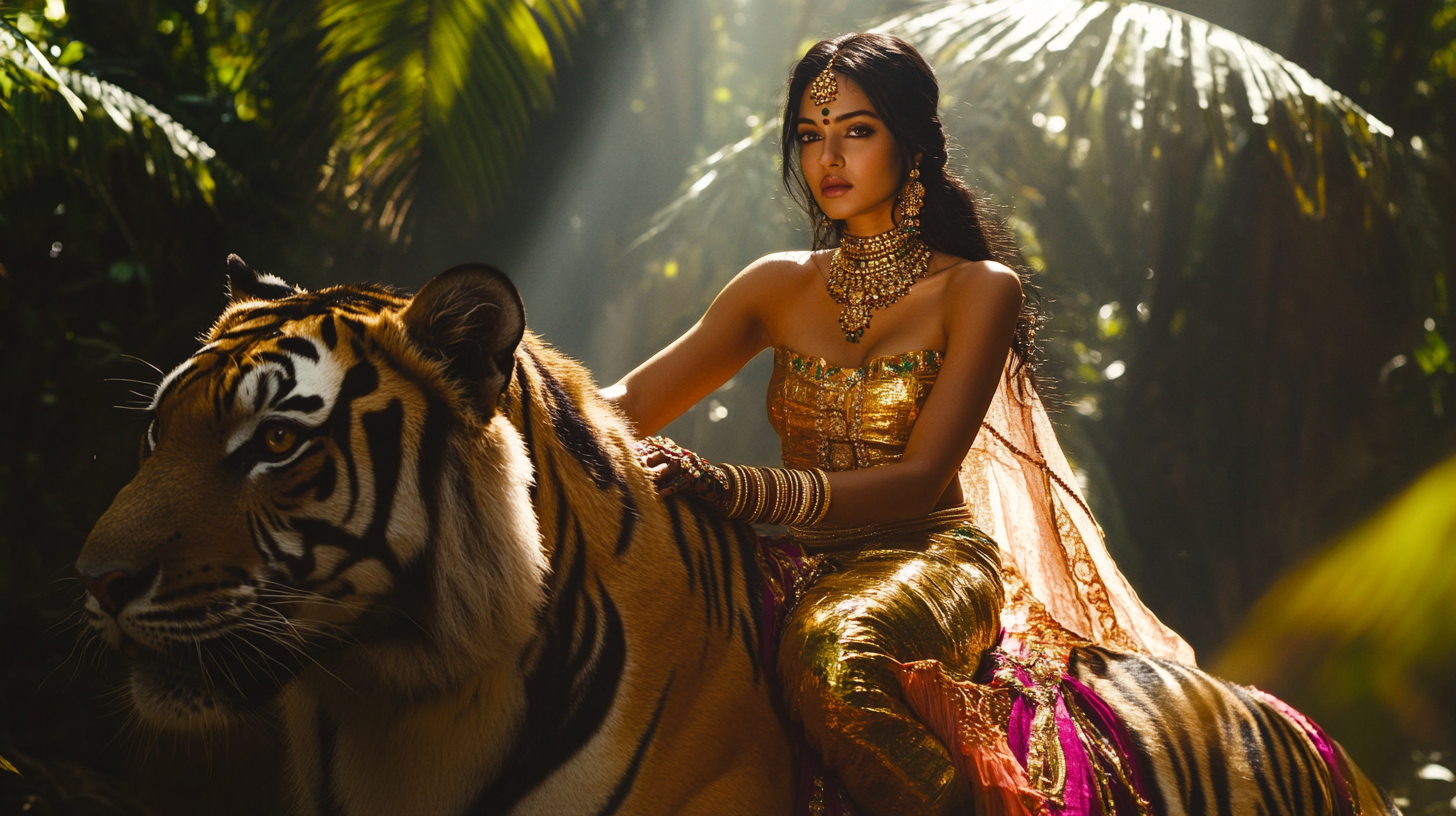 A beautiful young woman rides tiger through jungle