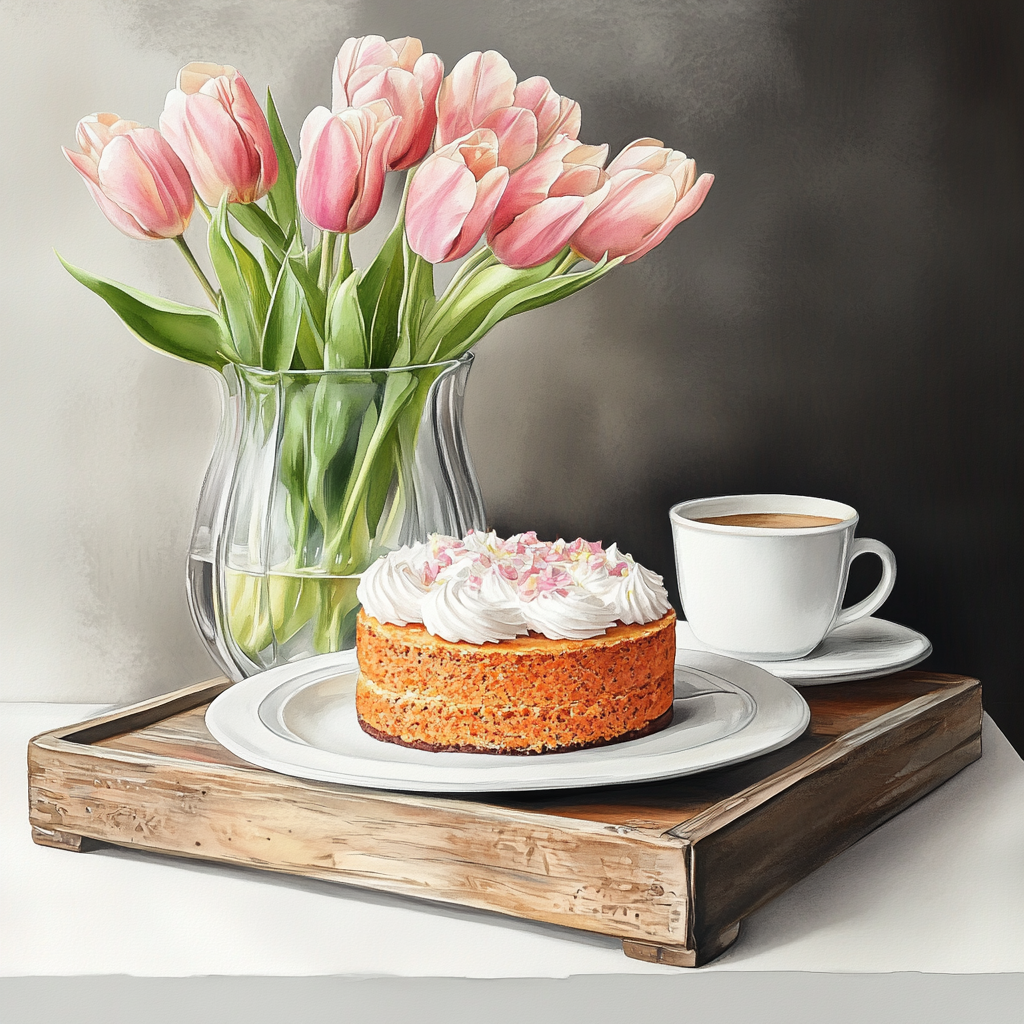 A beautifully decorated carrot cake with coffee.