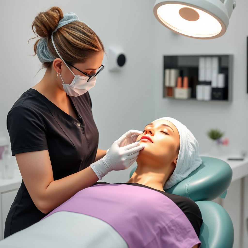 A beauty therapist in the clinic helping clients.