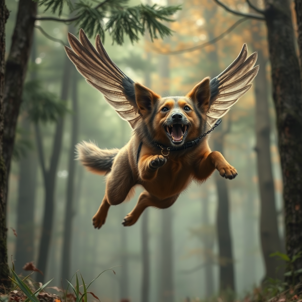 A big flying dog in the forest.