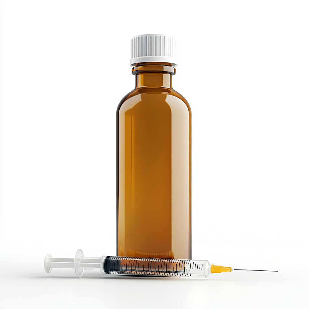 A big medicine bottle with syringe of liquid