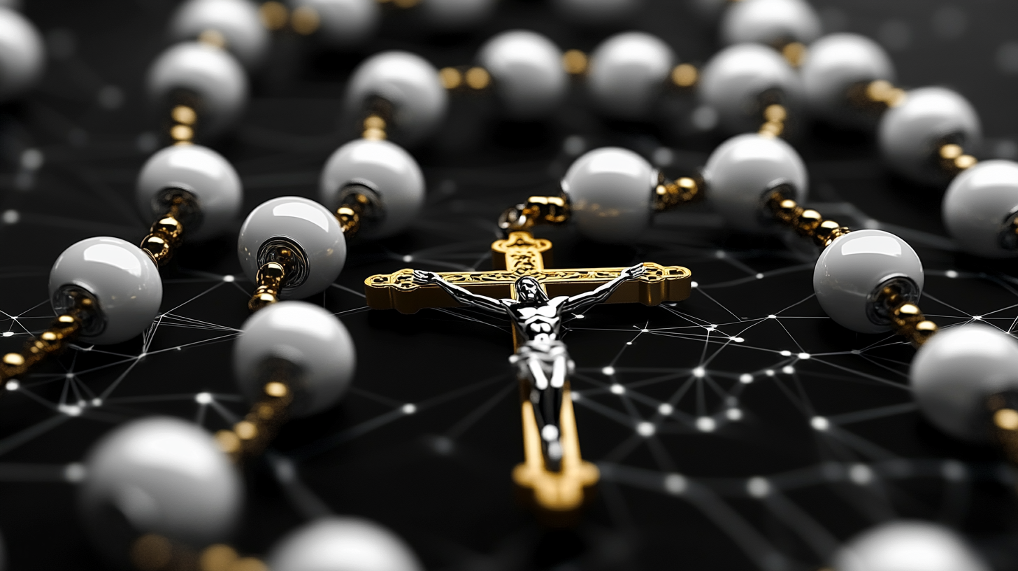 A black and white rosary with golden cross