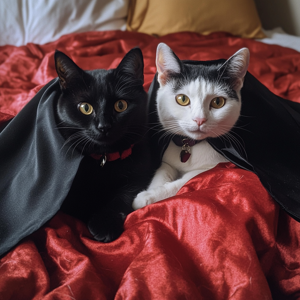 A black cat and a white cat in costume