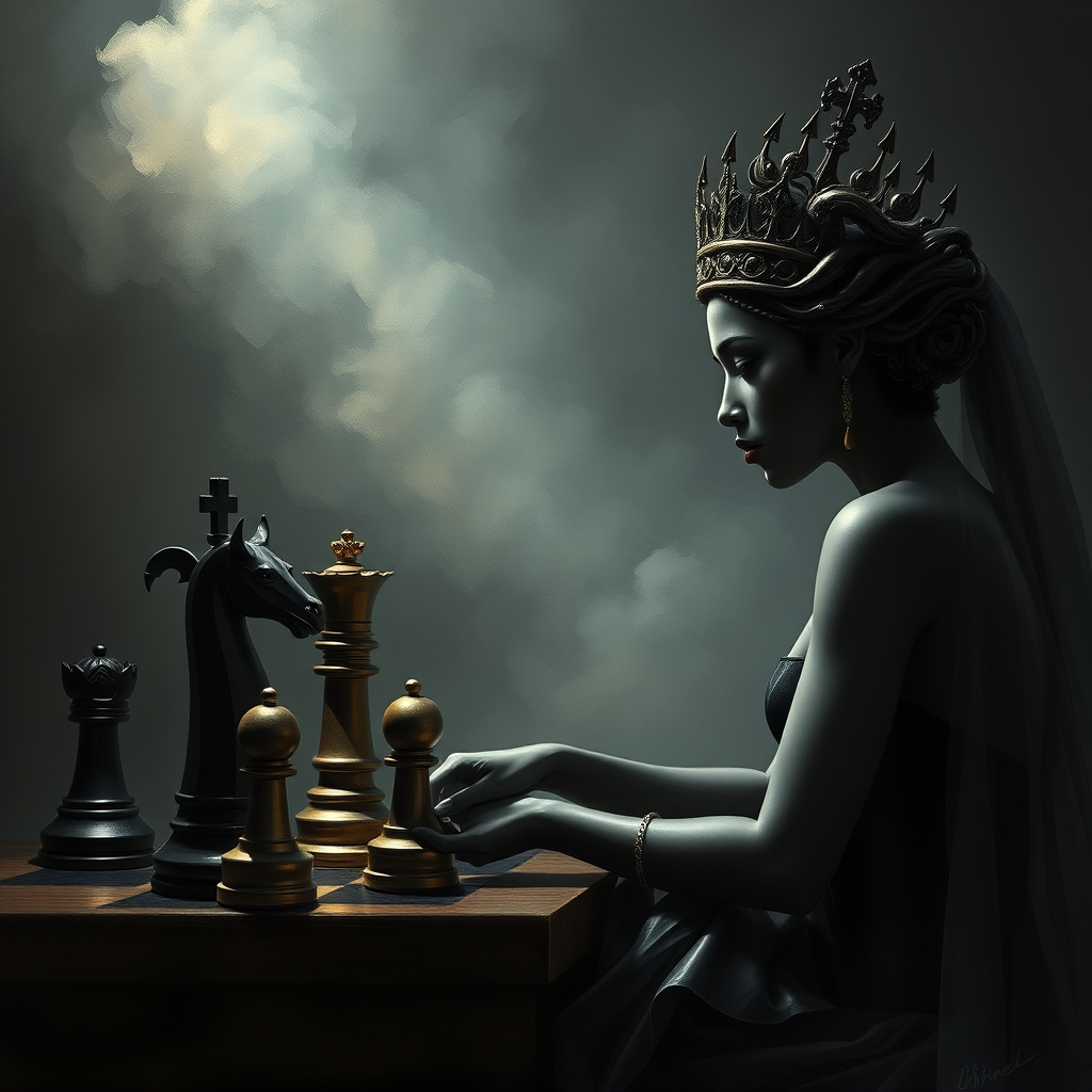 A black chess queen in a fantasy world.