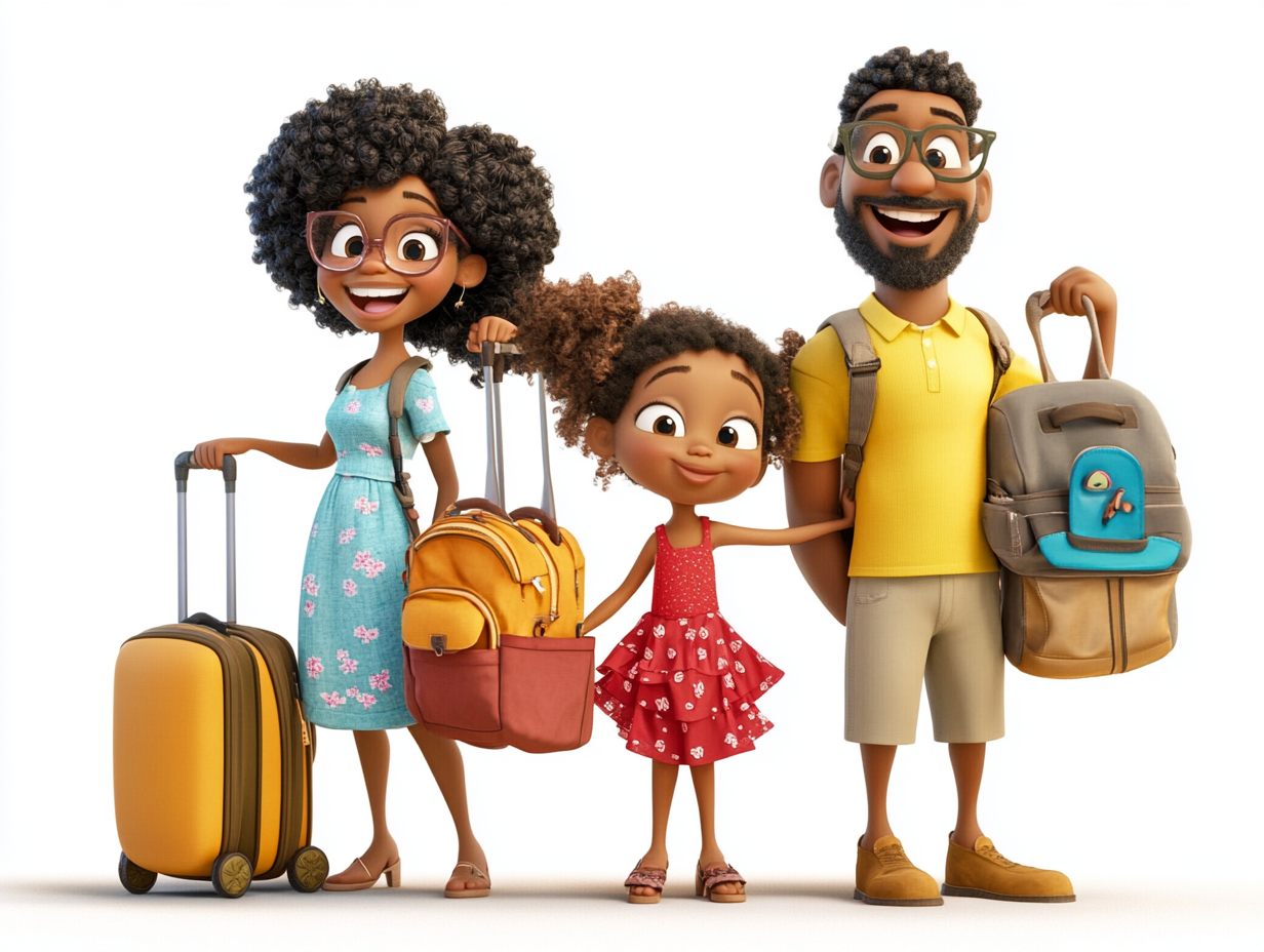 A black family of four excited for vacation