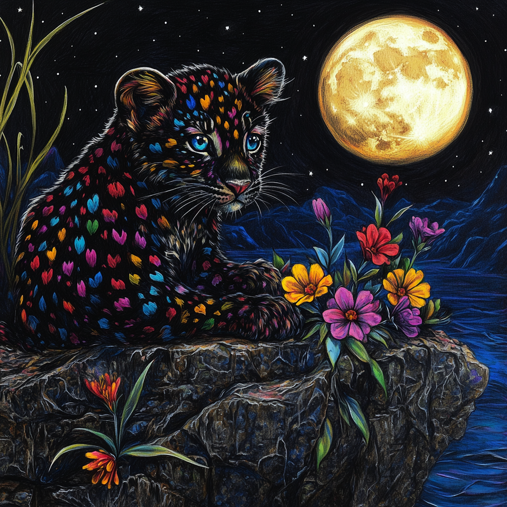 A black leopard cub with colorful spots at night