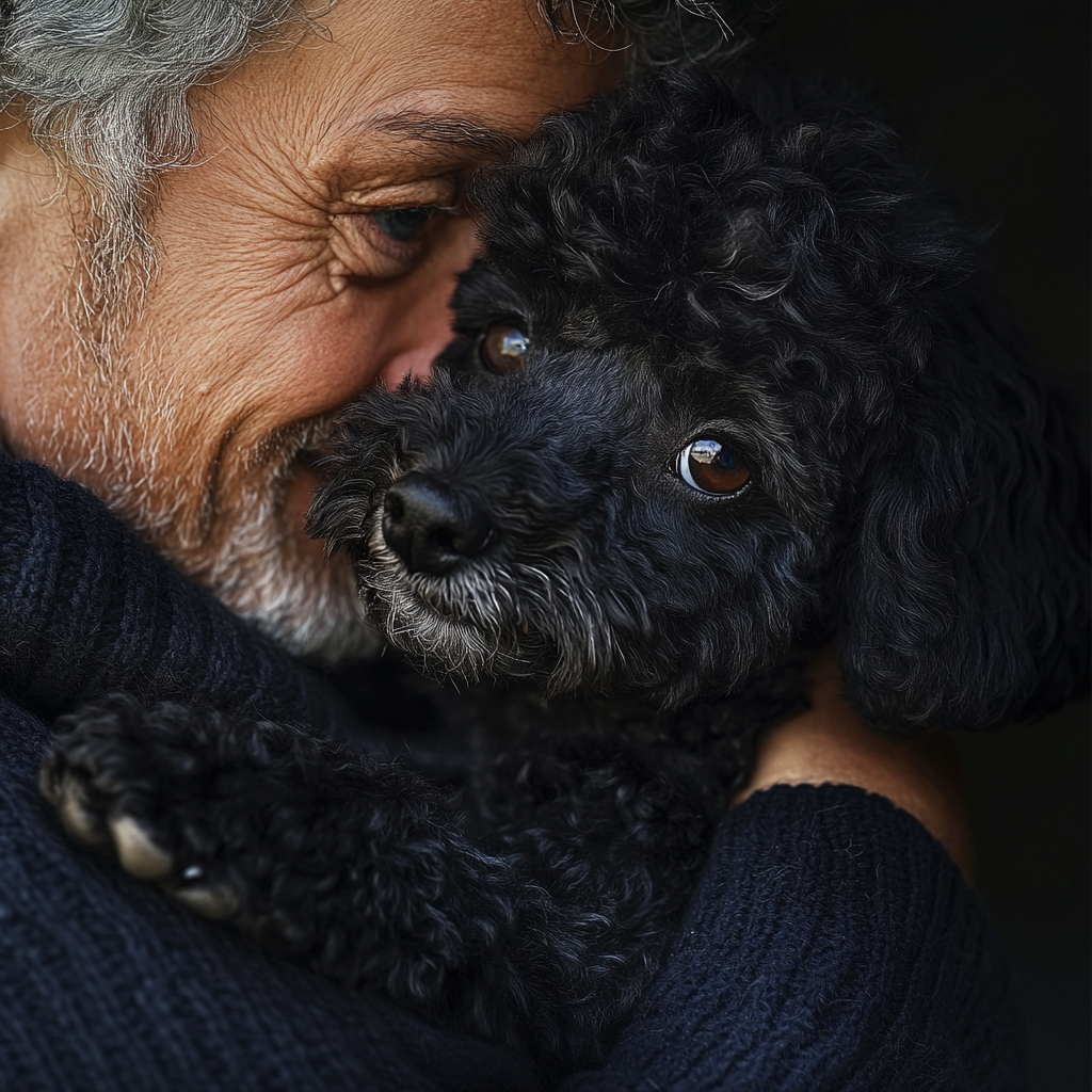 A black poodle jumps into elderly man's arms