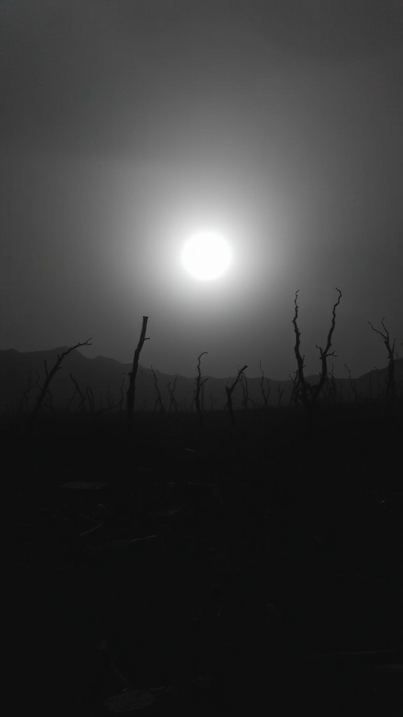 A bleak, desolate scene under the black sun.