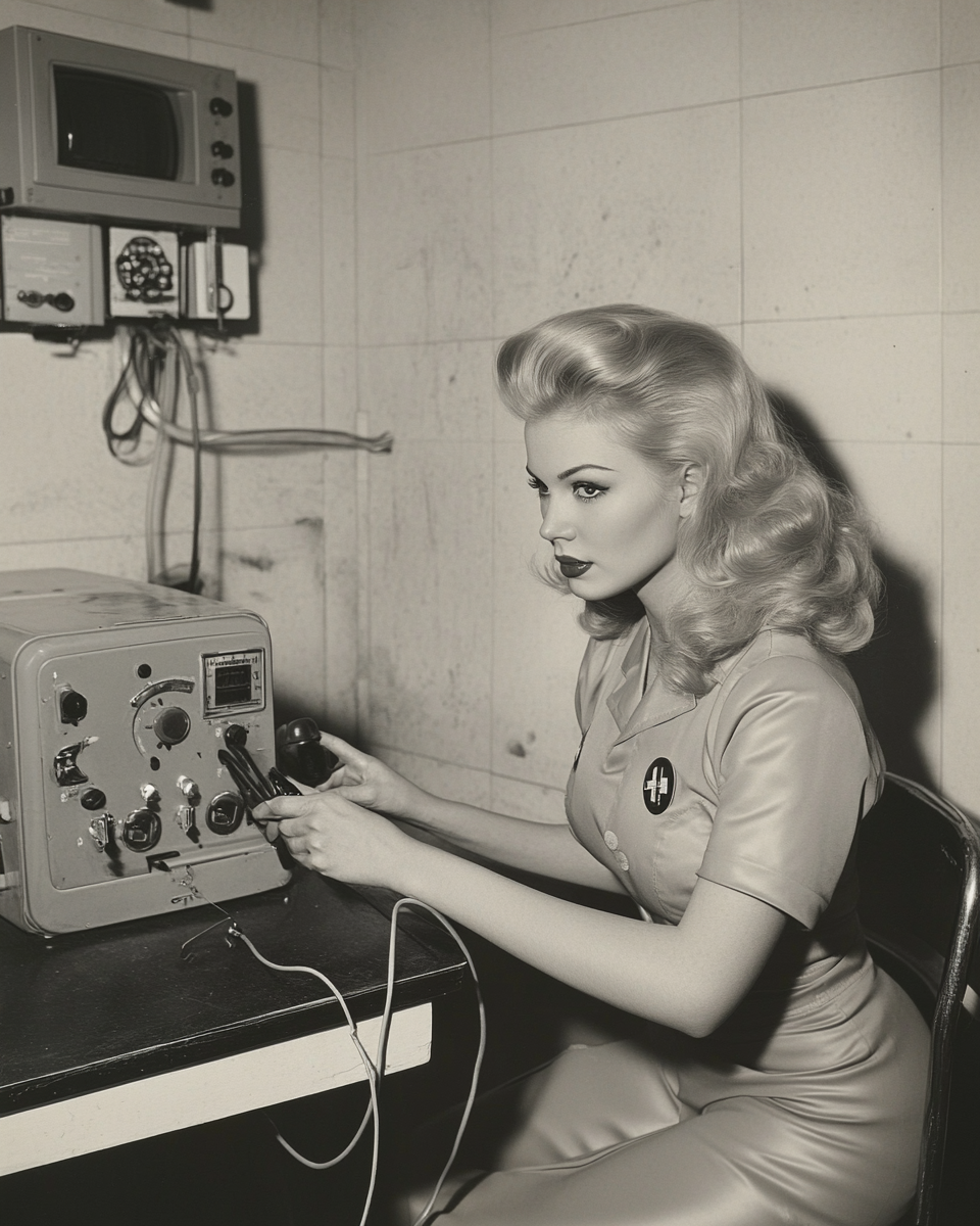 A blond nurse with a vintage phone in basement