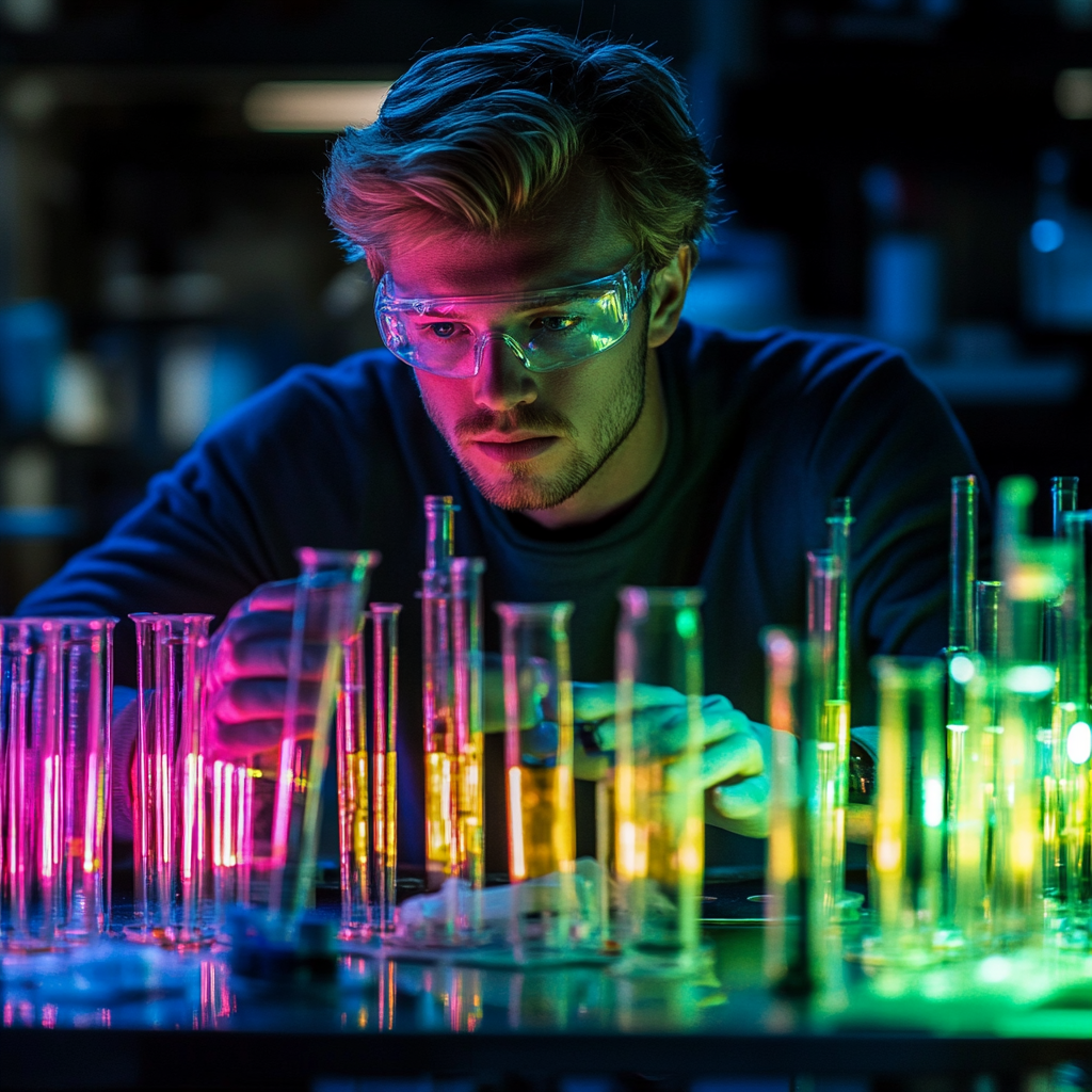 A blonde boy scientist in science lab