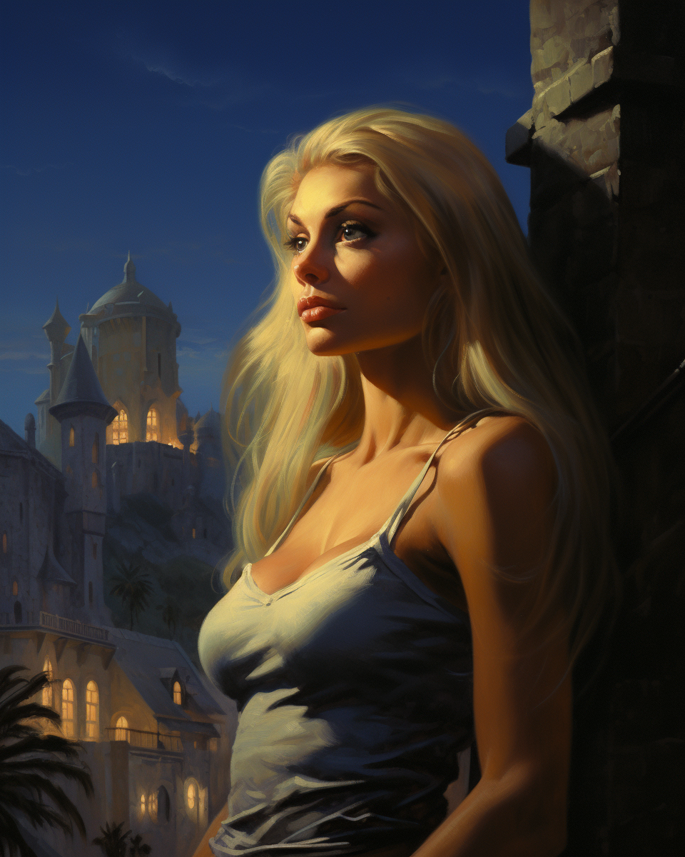 A blonde woman at a castle at night.