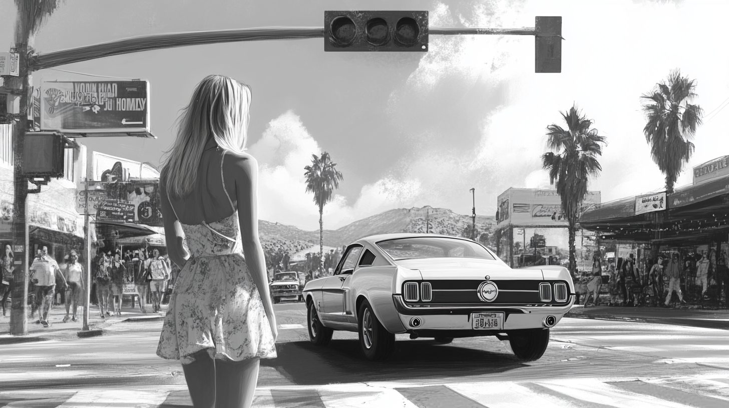 A blonde woman walking past a vintage car